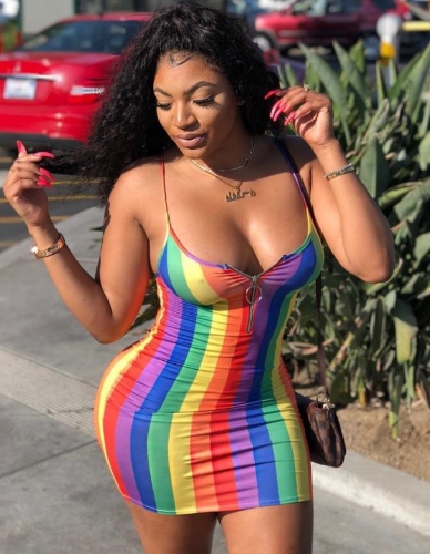 Charming Sexy suspender tight-fitting rainbow striped dress