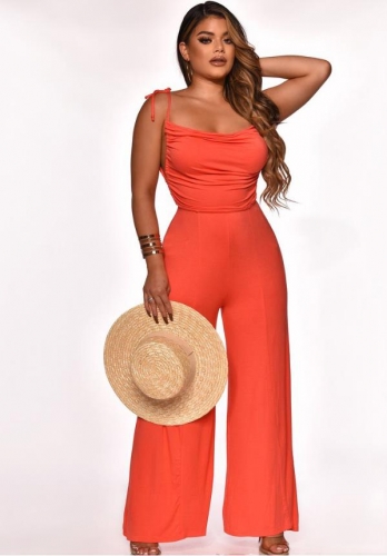 Charming Casual solid color strappy wide leg jumpsuit