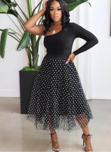 Charming Casual black one-shoulder top polka dot mesh skirt two-piece suit