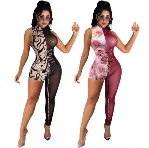 Charming Sexy stitching printed mesh asymmetrical jumpsuit