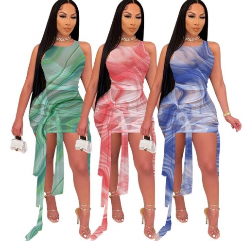 Charming Sexy mesh see-through tie-dye irregular dress
