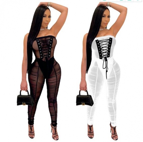 Charming Sexy mesh high waist tie jumpsuit