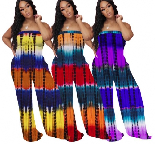 Charming Tie-dye printed chest wrap wide-leg jumpsuit