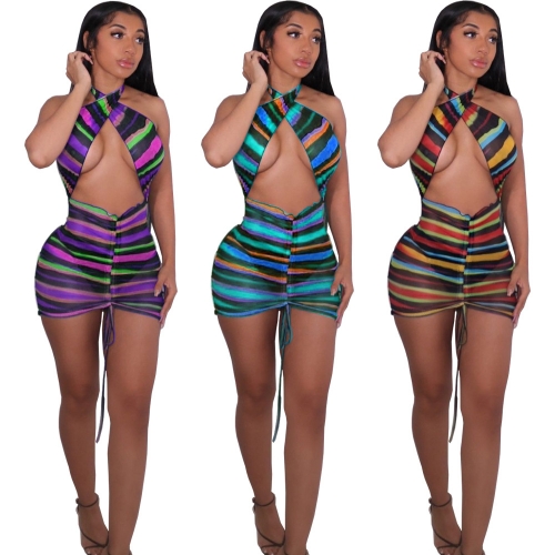 Charming Sexy Halter Rainbow Stripe Cutout Dress