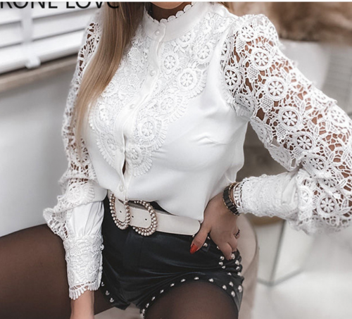 Charming Lace long-sleeved V-neck button shirt