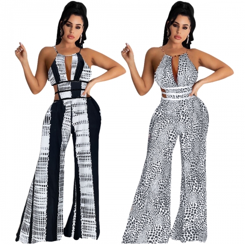 Charming Sexy printed backless wide-leg jumpsuit