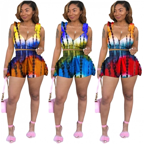 Charming Lace-up ruffled tie-dye printing shorts set