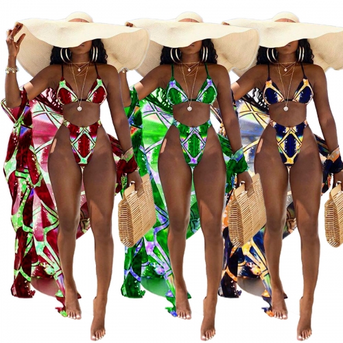 Charming Sexy printed  three-piece bikini set