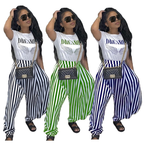 Charming Casual striped letter printing pants set