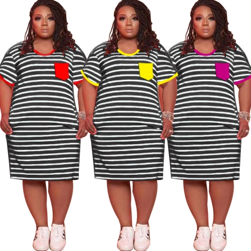 Charming Plus size pocket patchwork striped print dress