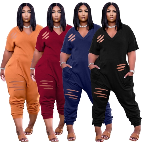 Charming Casual loose hole V-neck jumpsuit