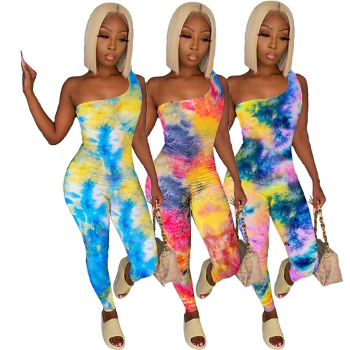 Charming Slim one-shoulder tie-dye printed jumpsuit