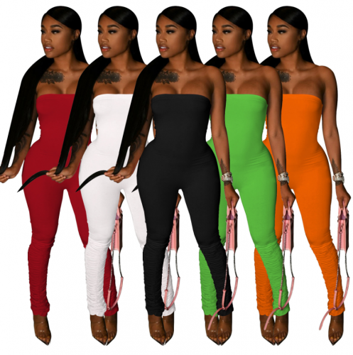 Charming Sexy tube top nightclub solid color stretch pleated jumpsuit