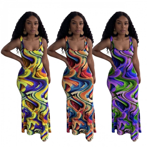 Charming Fashion Tie-dye Wave Pattern Printing Maxi Dress