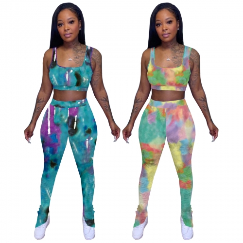 Charming Tie-dye printing split folds pants set