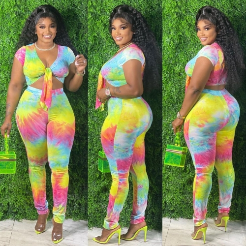 Charming plus size tie-dye gradient print knot pants set