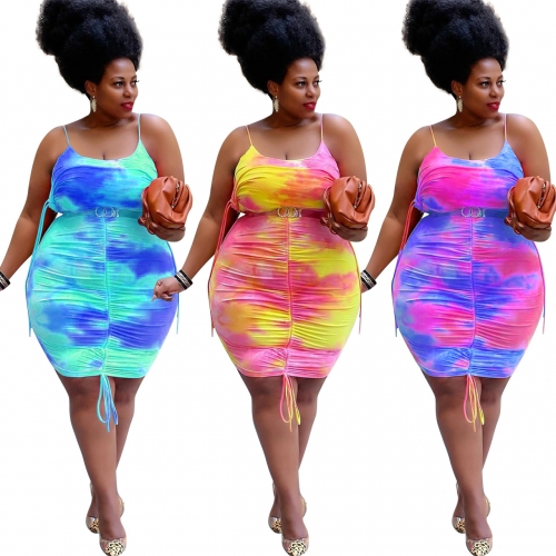 Charming Plus size Tie-dye print drawstring dress