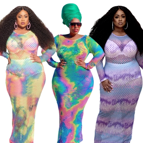 Charming plus size tie-dye print hollow long-sleeved maxi dress