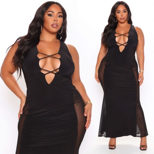 Charming Charming Plus Size Hollow Mesh Patchwork Dress