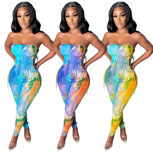 Charming Sexy wrapped chest tie-dye hollow bandage jumpsuit