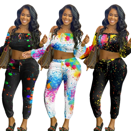 Charming Casual graffiti printing off-sholuder pants set