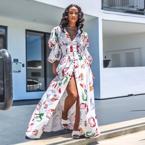 Charming Fashion Puff Sleeve Printed Split Maxi Dress