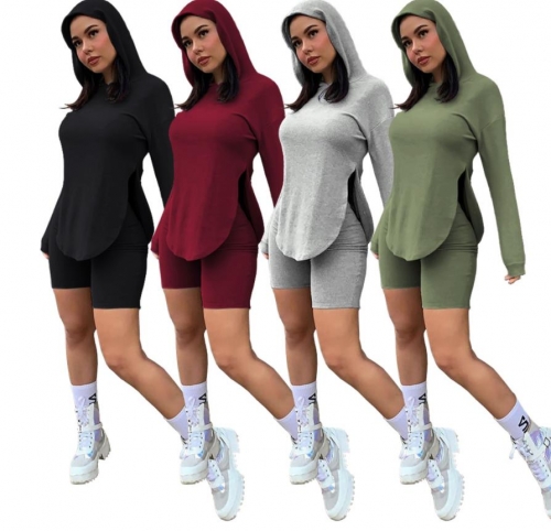 Solid color split hooded shorts suit