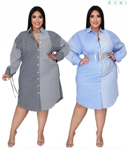 Fashion plus size stitching striped printed shirt dress
