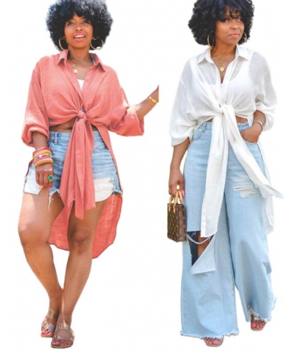 Solid color rayon button slit long shirt