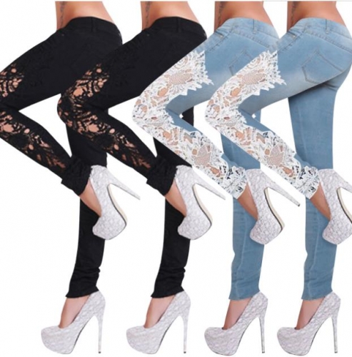 Fashion hollow washed lace stitching jeans