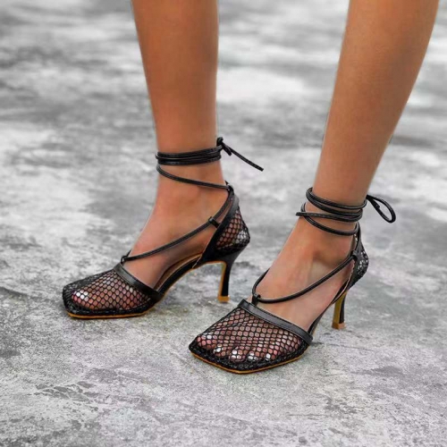 Sexy plus size hollow mesh lace-up high-heel sandals