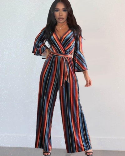 Casual striped flared sleeve jumpsuit