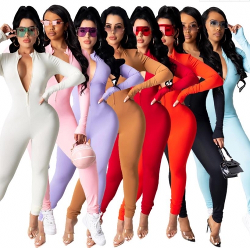 Solid color zipper long-sleeved jumpsuit