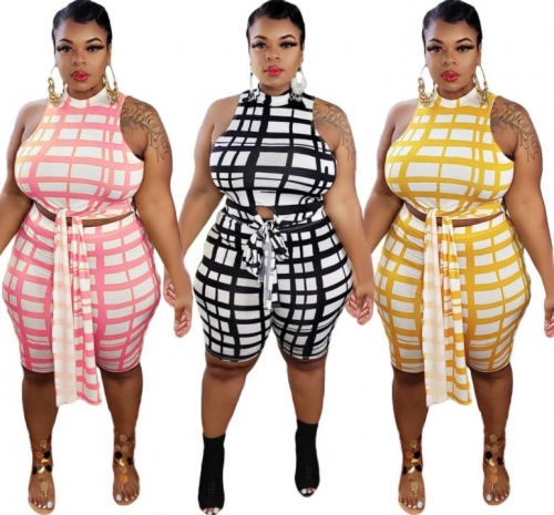 Fashion plus size plaid printing knot shorts set