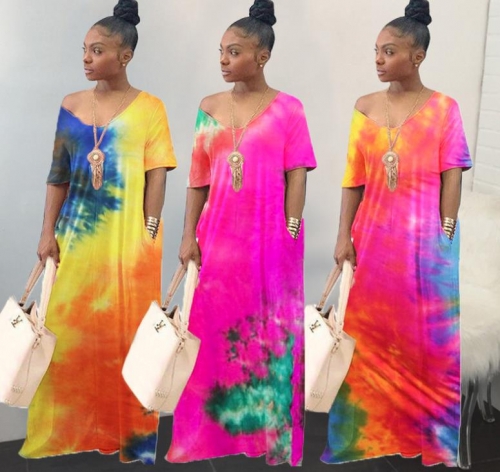 Casual plus size tie-dye printing maxi dress