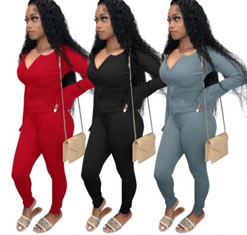 Casual threaded zipper cardigan pants set