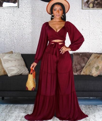 Fashion solid color wide leg pants suit