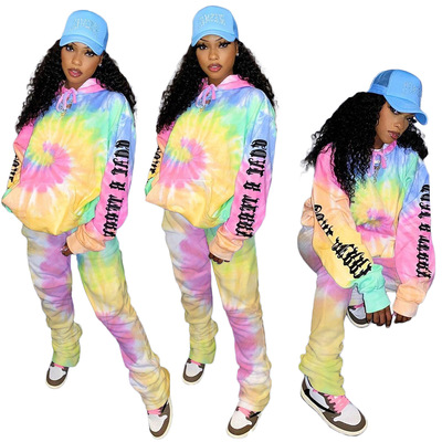Fashion sexy casual sports tie dyed printed sweater two-piece suit