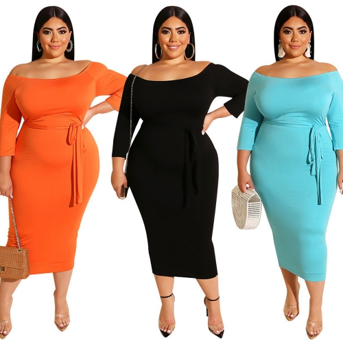 Plus size casual belted belted one-shoulder dress