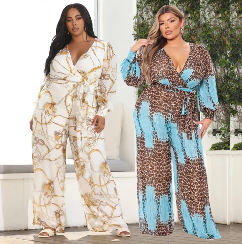 Plus size leopard print V-neck chiffon jumpsuit