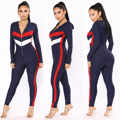 Sexy slim stitching hooded jumpsuit