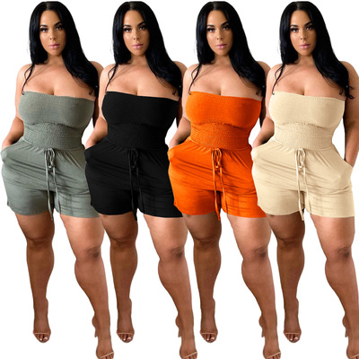 Flat shoulder wrap chest loose Pocket Shorts Jumpsuit