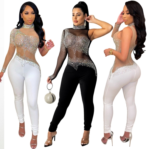 Sexy mesh see-through rhinestone jumpsuit