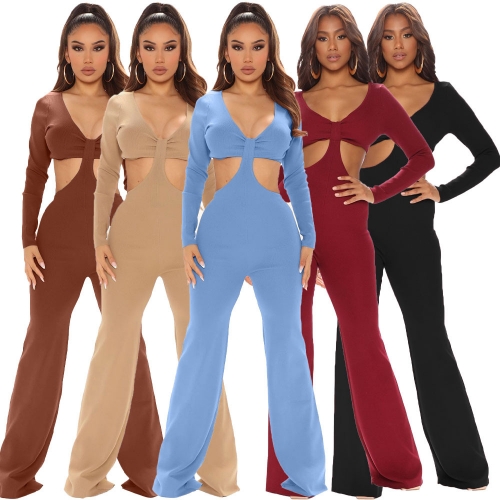 V-neck sexy hollow hole strip Jumpsuit