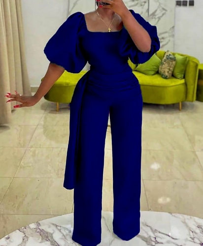 Casual off-the-shoulder puff sleeve jumpsuit