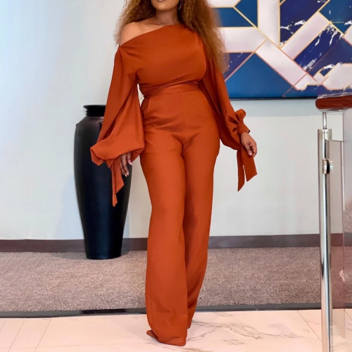 Fashion Lantern Sleeve Solid Color Off Shoulder Jumpsuit