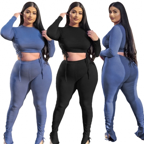 Casual plus size knitted pit pants suit