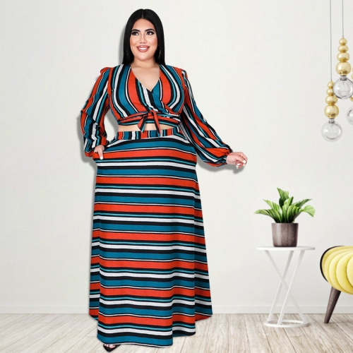 Trendy plus size striped printed skirt suit