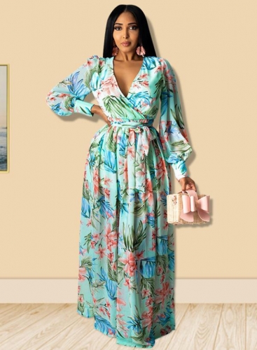 Trendy Floral Print Lace Long Sleeve Dress