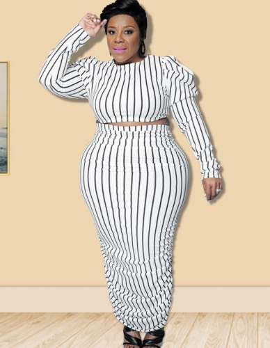 Casual striped print puff sleeve plus size skirt suit